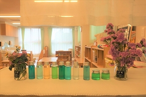子どもたちが摘んだ花、作った色水が保育室を飾ります